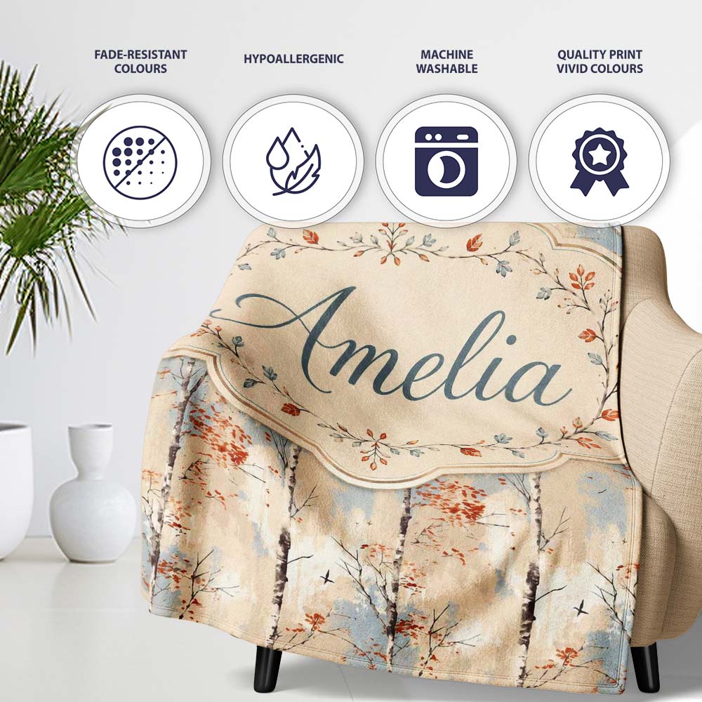 Minimal Birch Tree Autumn Leaves Seamless Pattern Name Cute Unique Personalised Custom Name Super Soft Fleece Blanket Bed Sofa Throw