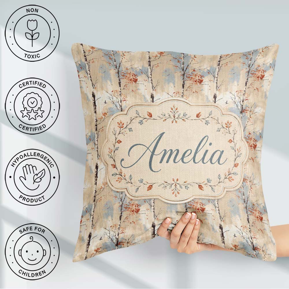 Custom Name Minimal Birch Tree Autumn Seamless Pattern Name Cute Square Filled Cushion Throw Pillow Sofa Bed Home Decor Zip Washable UK Made
