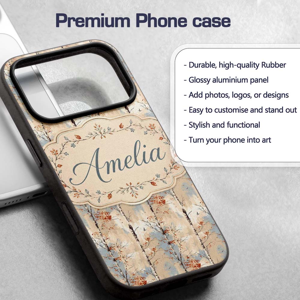 Minimal Birch Tree Autumn Leaves Seamless Pattern Custom Name Protective Phone Case Mobile Cover Durable Everyday Smartphone Shock Resistant