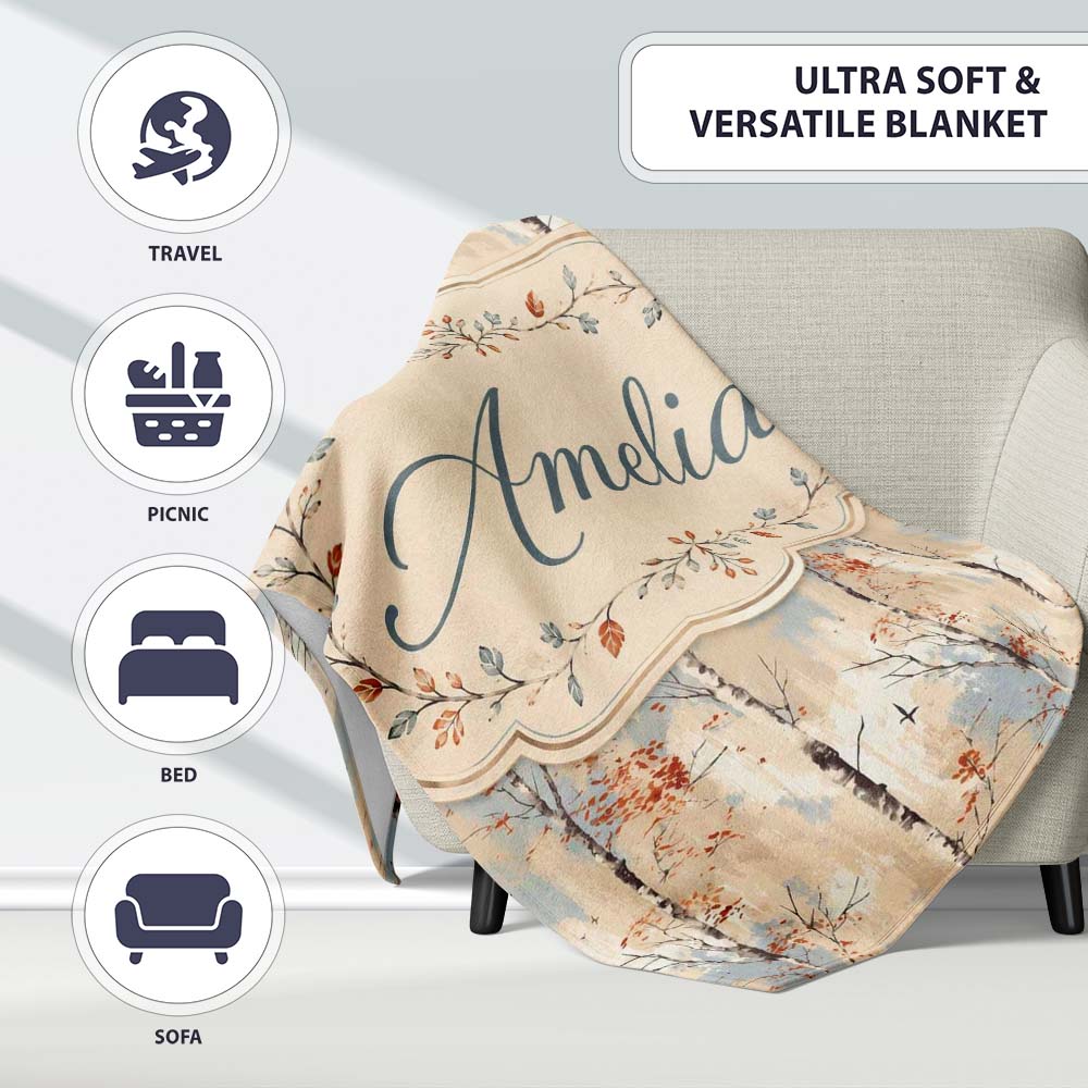 Minimal Birch Tree Autumn Leaves Seamless Pattern Name Cute Unique Personalised Custom Name Super Soft Fleece Blanket Bed Sofa Throw
