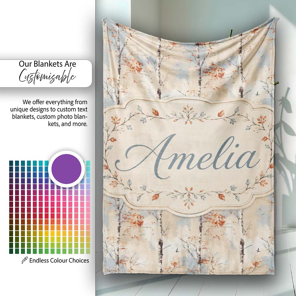 Minimal Birch Tree Autumn Leaves Seamless Pattern Name Cute Unique Personalised Custom Name Super Soft Fleece Blanket Bed Sofa Throw