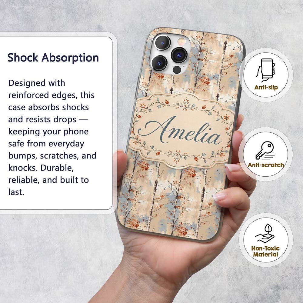 Minimal Birch Tree Autumn Leaves Seamless Pattern Custom Name Protective Phone Case Mobile Cover Durable Everyday Smartphone Shock Resistant