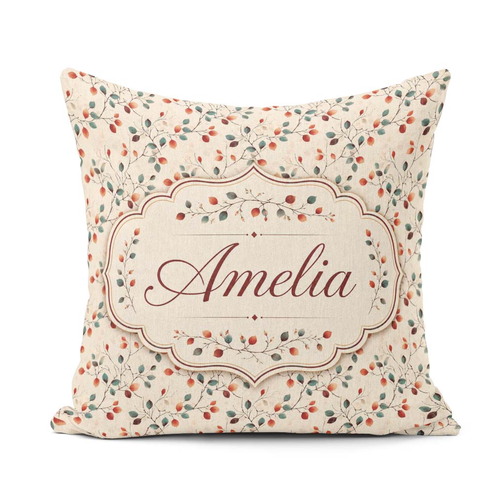 Custom Name Autumn Branches with Red and Leaves Seamless Pattern Square Filled Cushion Throw Pillow Sofa Bed Home Decor Zip Washable UK Made