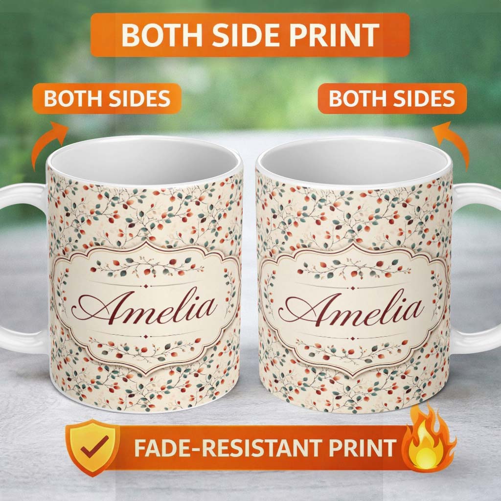 Personalized Custom Name Autumn Branches with Red and Teal Leaves Seamless Pattern Custom 11oz Ceramic Coffee Tea Mug White Large Handle