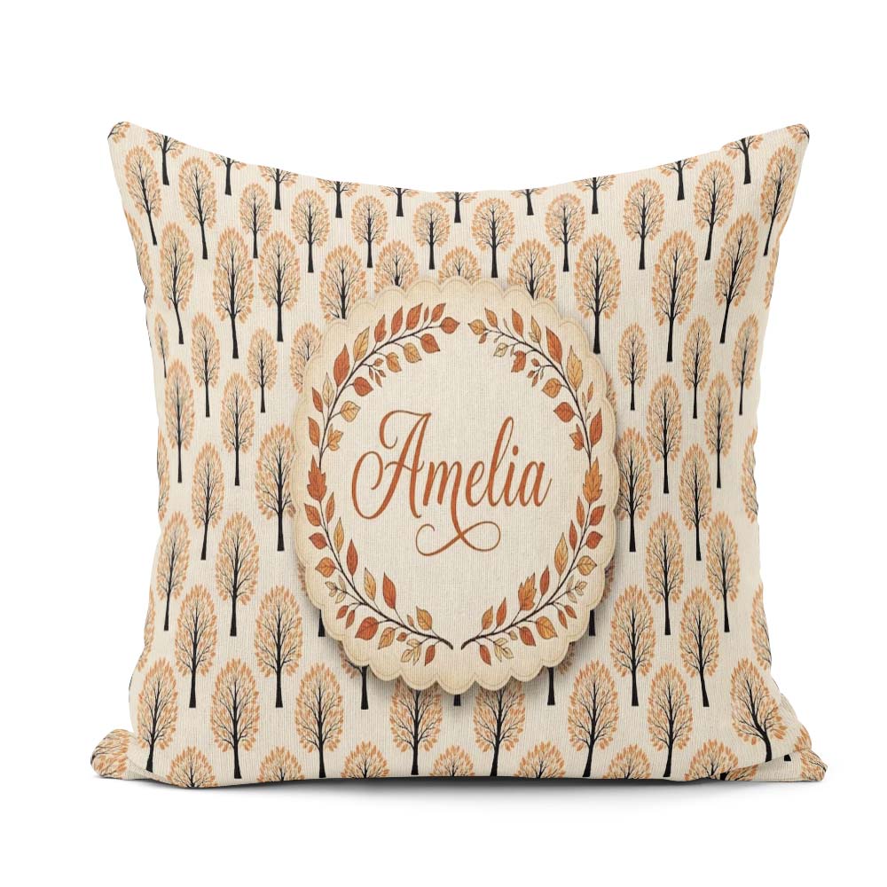 Custom Name Minimalist Autumn Trees with Orange Seamless Pattern Square Filled Cushion Throw Pillow Sofa Bed Home Decor Zip Washable UK Made