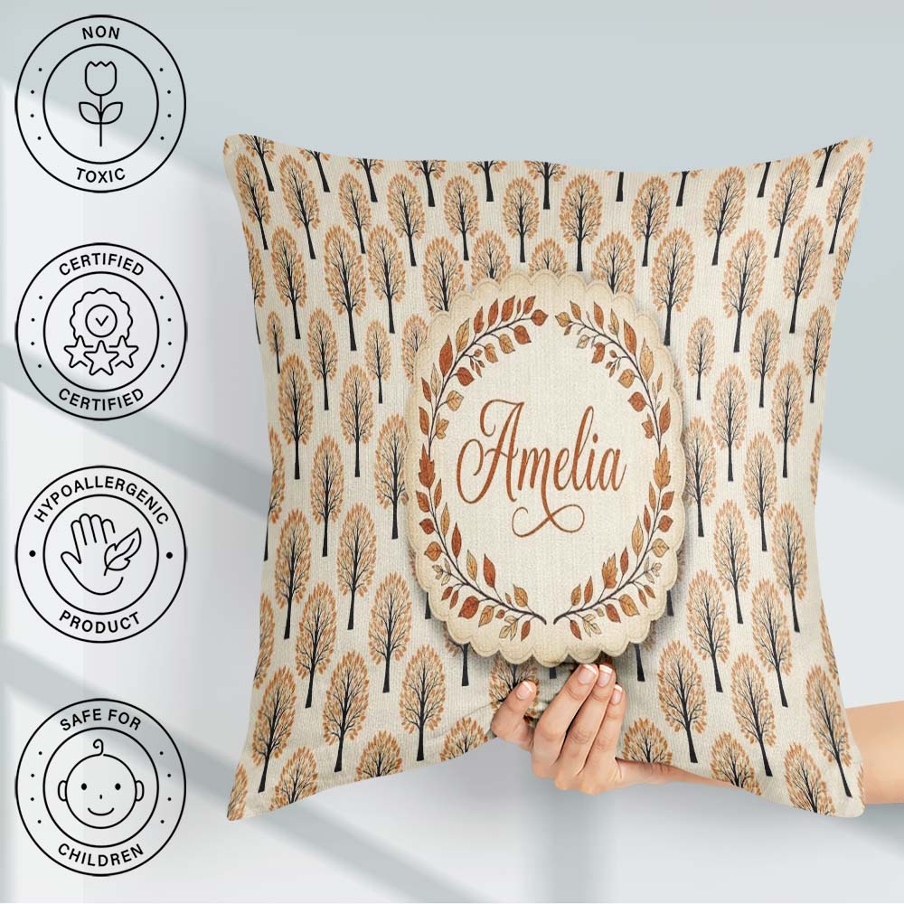 Custom Name Minimalist Autumn Trees with Orange Seamless Pattern Square Filled Cushion Throw Pillow Sofa Bed Home Decor Zip Washable UK Made