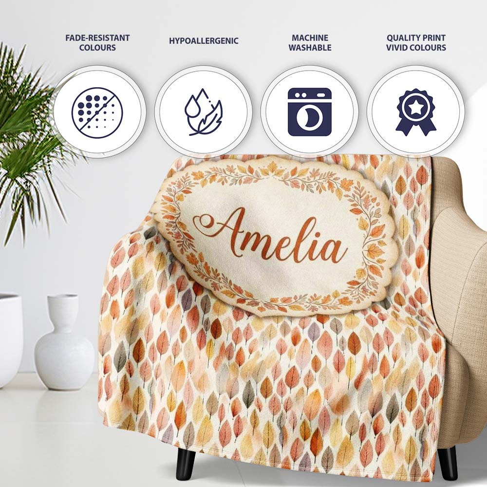 Soft Pastel Falling Leaves Autumn Seamless Pattern Name Cute Unique Personalised Custom Name Super Soft Fleece Blanket Bed Sofa Throw