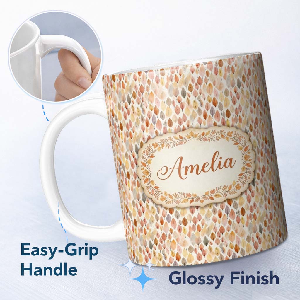 Personalized Custom Name Soft Pastel Falling Leaves Autumn Seamless Pattern Name Cute Unique 11oz Ceramic Coffee Tea Mug White Large Handle