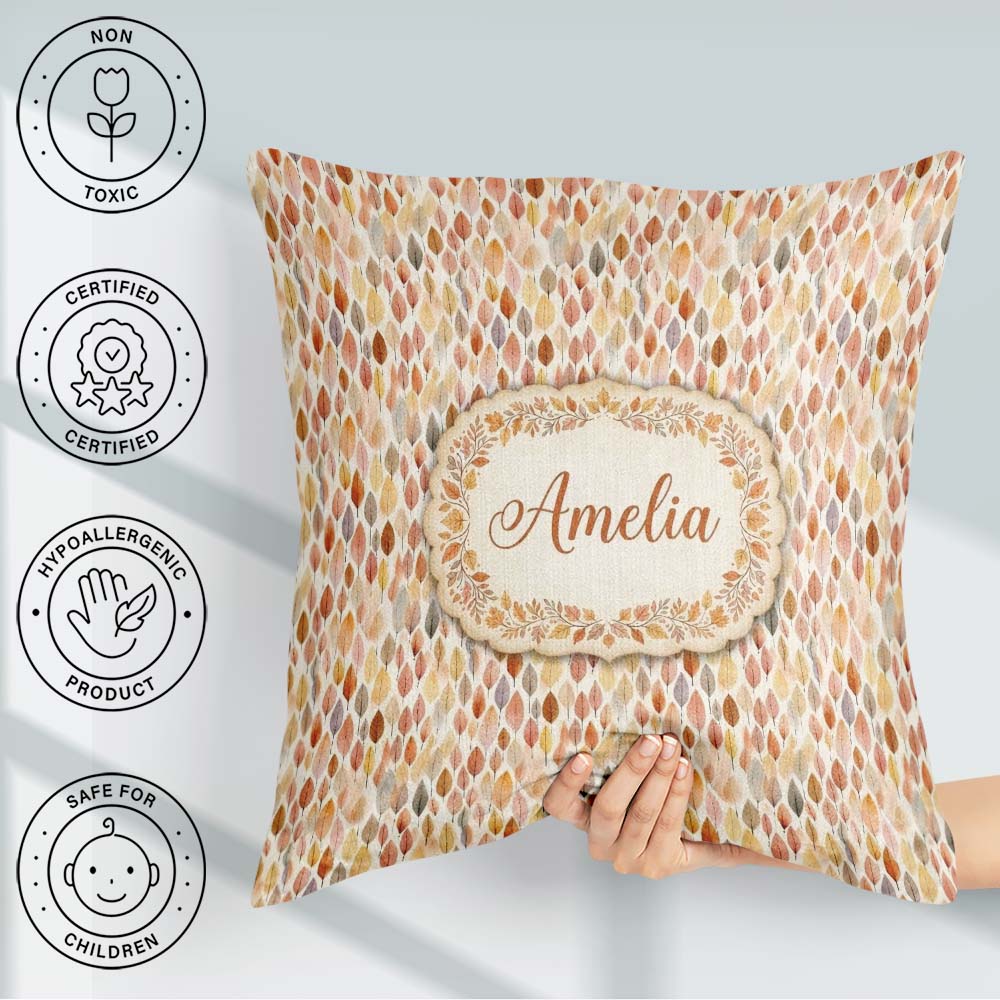 Custom Name Soft Pastel Falling Leaves Autumn Seamless Name Cute Square Filled Cushion Throw Pillow Sofa Bed Home Decor Zip Washable UK Made