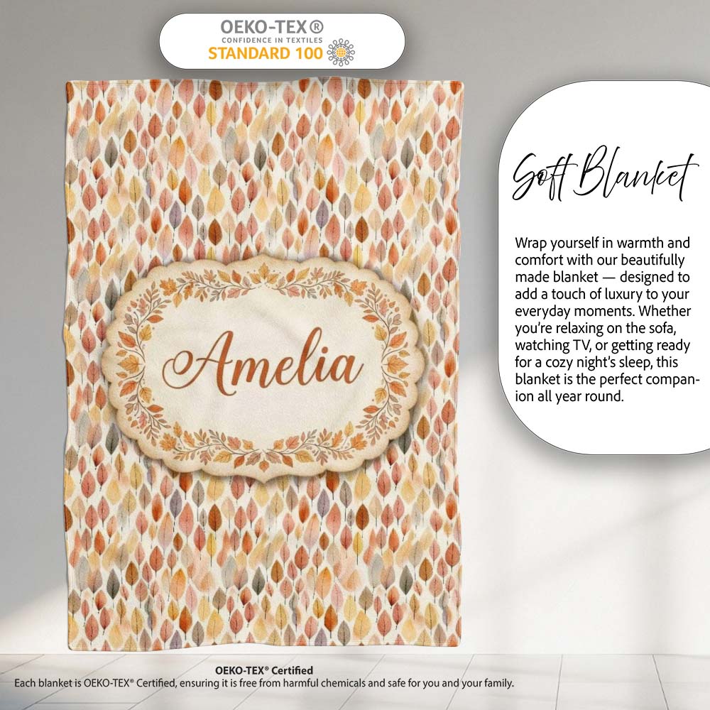 Soft Pastel Falling Leaves Autumn Seamless Pattern Name Cute Unique Personalised Custom Name Super Soft Fleece Blanket Bed Sofa Throw