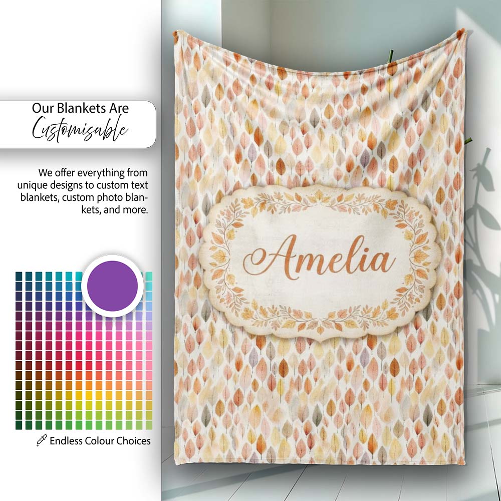Soft Pastel Falling Leaves Autumn Seamless Pattern Name Cute Unique Personalised Custom Name Super Soft Fleece Blanket Bed Sofa Throw