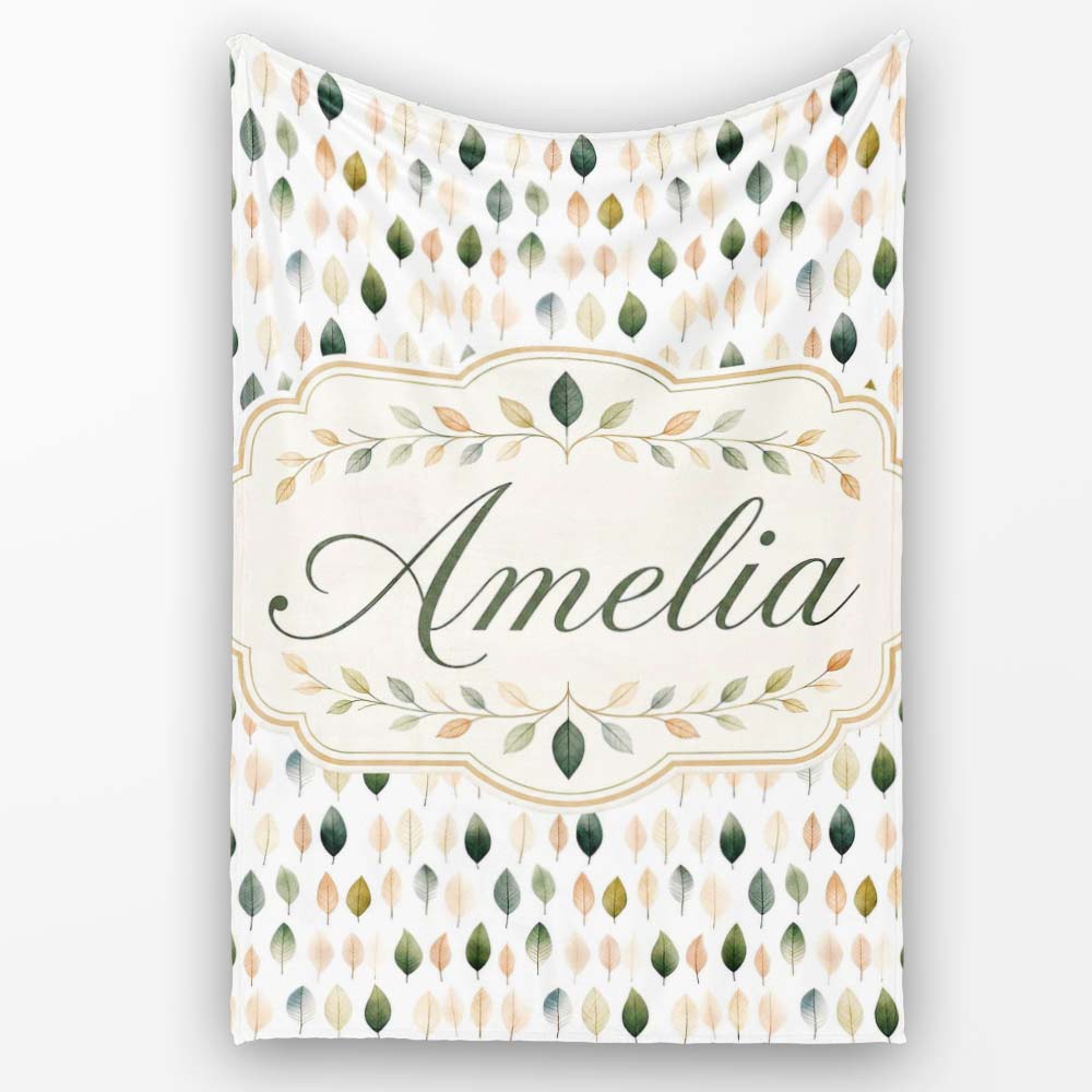Scattered Neutral Tone Leaves Elegant Seamless Pattern Name Cute Personalised Custom Name Super Soft Fleece Blanket Bed Sofa Throw