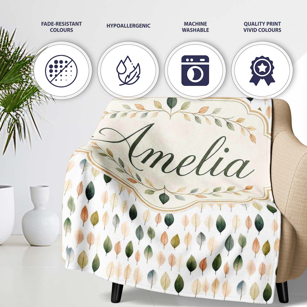 Scattered Neutral Tone Leaves Elegant Seamless Pattern Name Cute Personalised Custom Name Super Soft Fleece Blanket Bed Sofa Throw