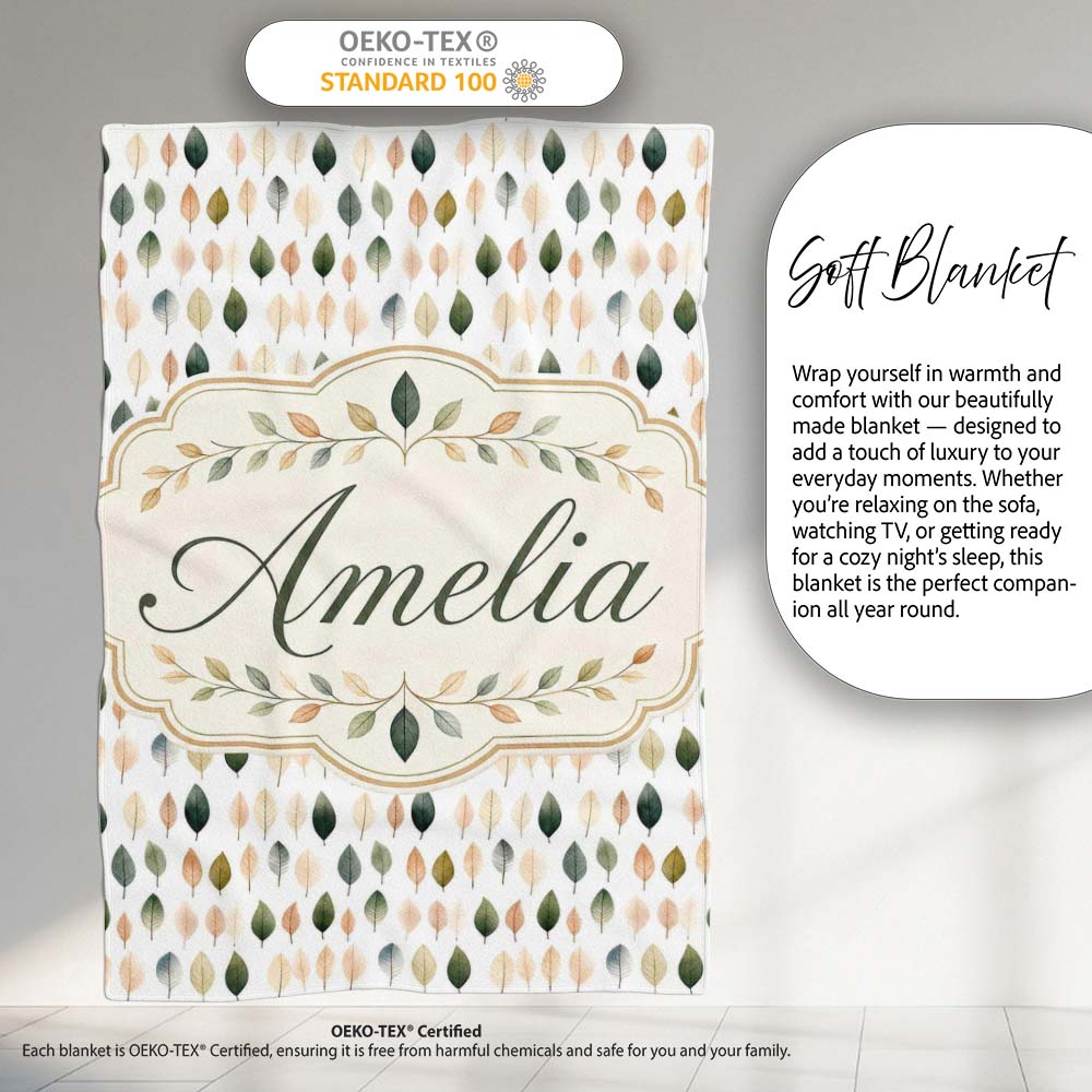Scattered Neutral Tone Leaves Elegant Seamless Pattern Name Cute Personalised Custom Name Super Soft Fleece Blanket Bed Sofa Throw