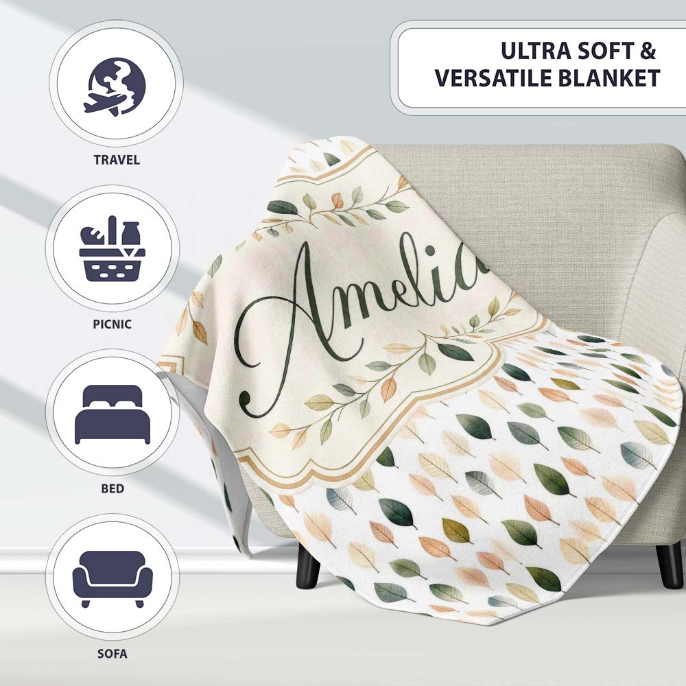 Scattered Neutral Tone Leaves Elegant Seamless Pattern Name Cute Personalised Custom Name Super Soft Fleece Blanket Bed Sofa Throw