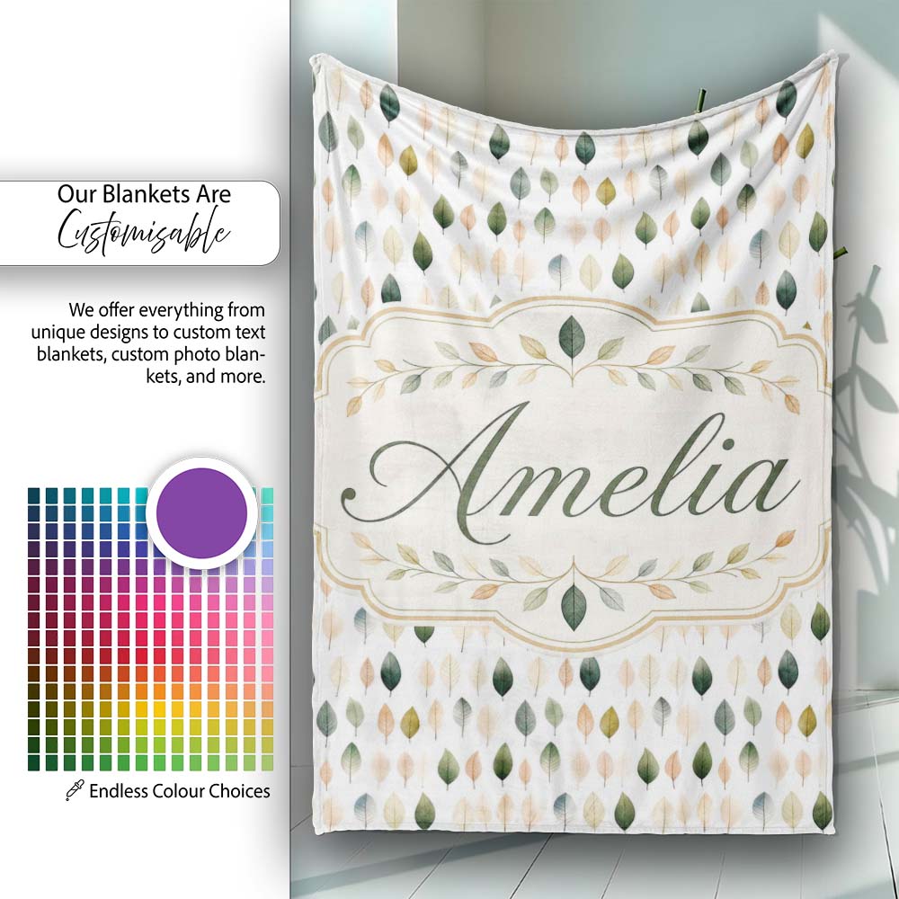 Scattered Neutral Tone Leaves Elegant Seamless Pattern Name Cute Personalised Custom Name Super Soft Fleece Blanket Bed Sofa Throw