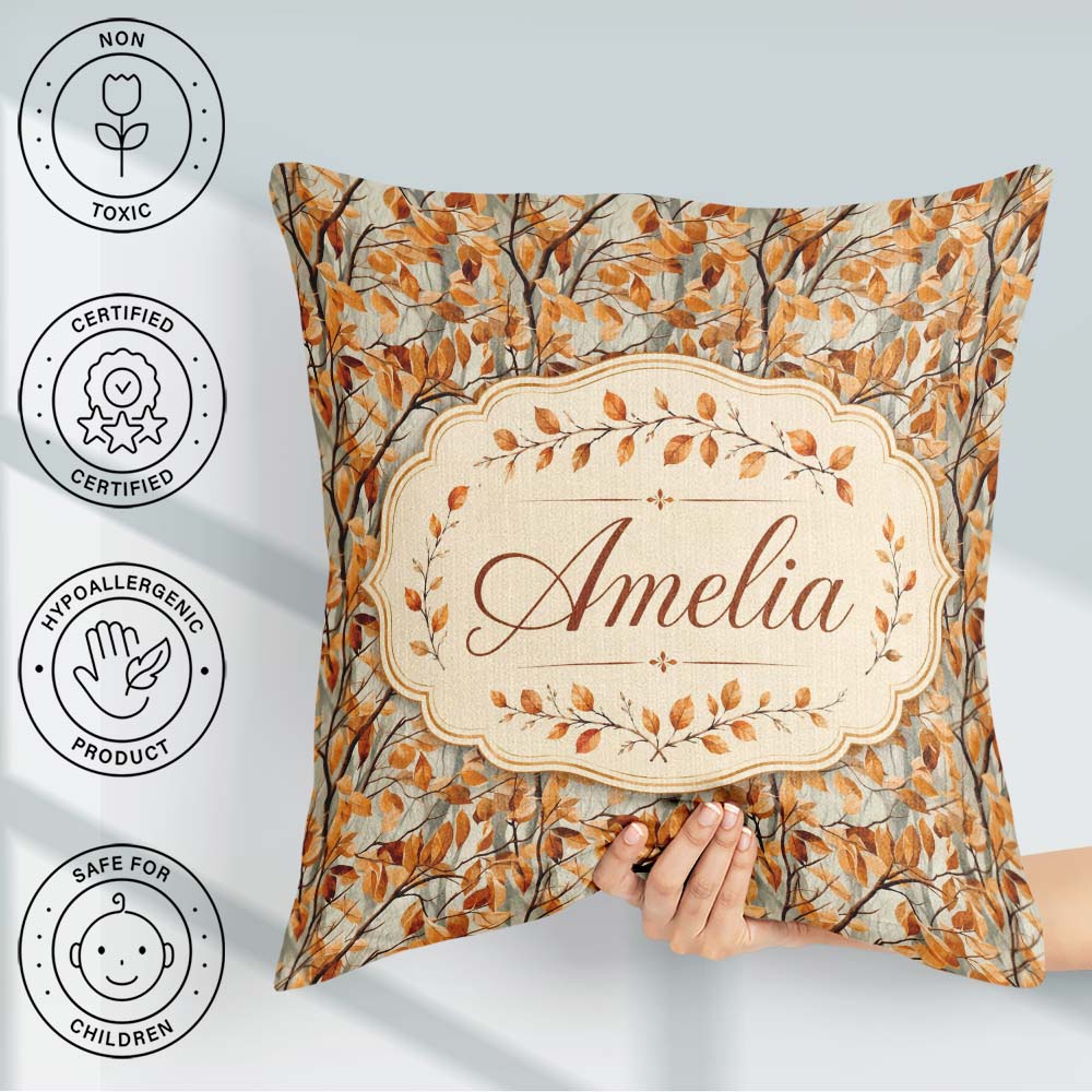 Custom Name Warm Autumn Branches with Brown Leaves Seamless Name Square Filled Cushion Throw Pillow Sofa Bed Home Decor Zip Washable UK Made