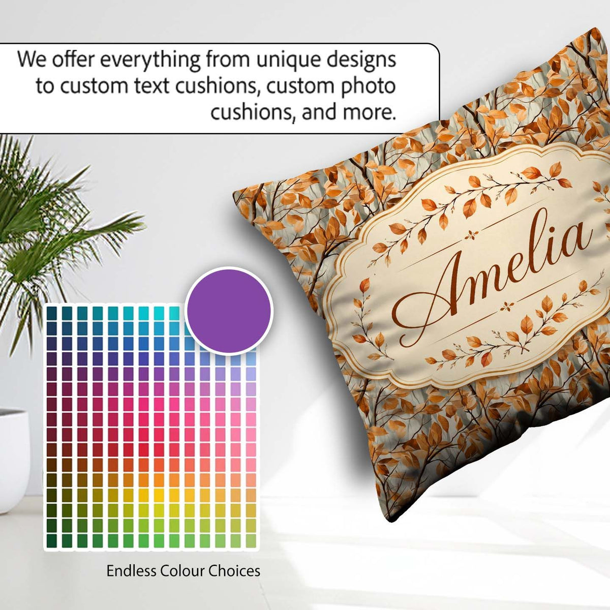 Custom Name Warm Autumn Branches with Brown Leaves Seamless Name Square Filled Cushion Throw Pillow Sofa Bed Home Decor Zip Washable UK Made
