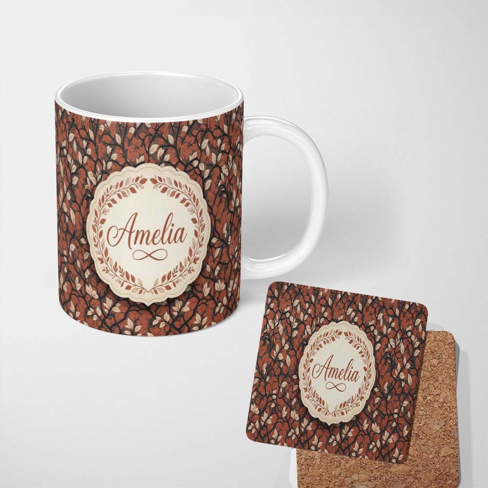 Personalized Custom Name Floral Autumn Branches with Orange Blossoms Seamless Pattern Name 11oz Ceramic Coffee Tea Mug White Large Handle