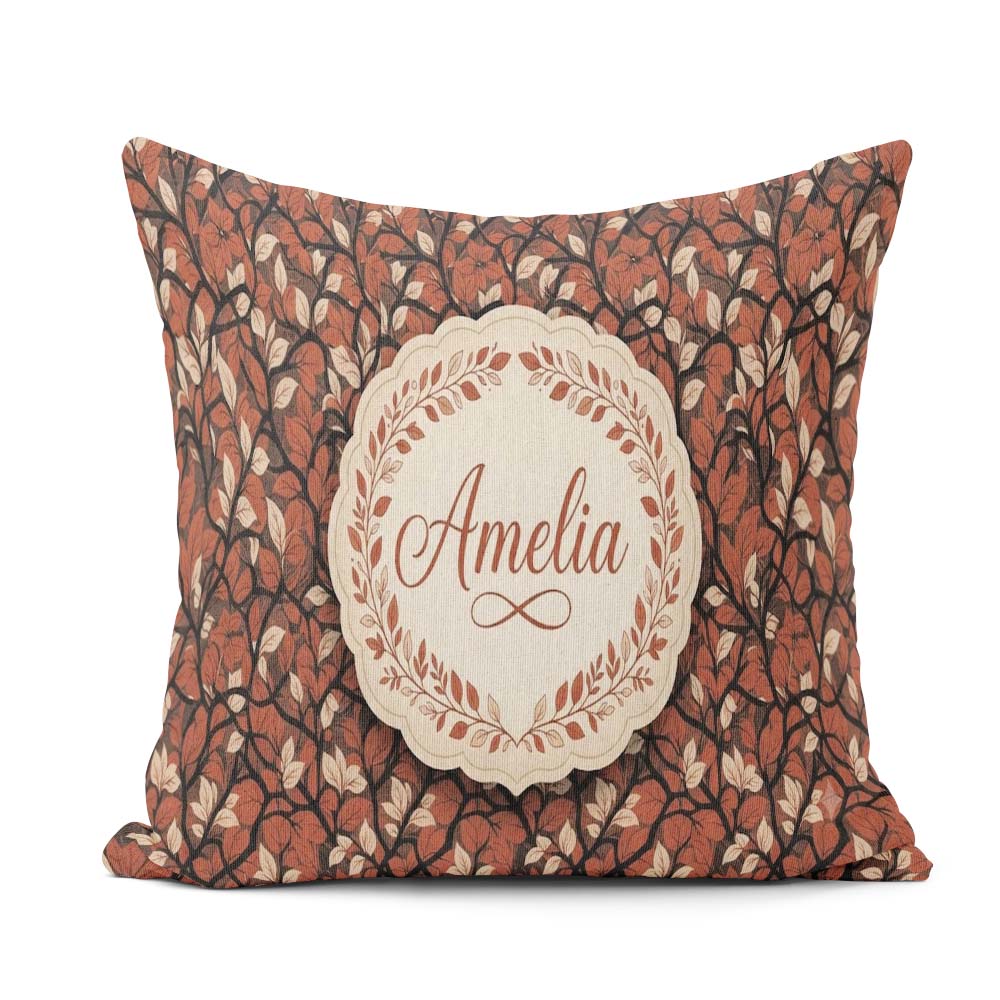 Custom Name Floral Autumn Branches with Orange Blossoms Seamless Square Filled Cushion Throw Pillow Sofa Bed Home Decor Zip Washable UK Made