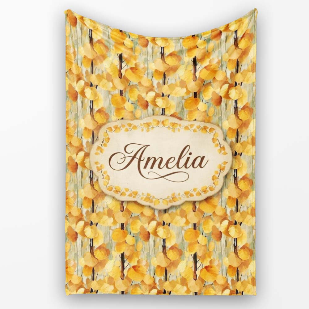 Golden Yellow Autumn Leaves Dense Seamless Pattern Name Cute Unique Personalised Custom Name Super Soft Fleece Blanket Bed Sofa Throw