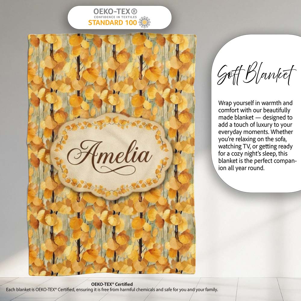 Golden Yellow Autumn Leaves Dense Seamless Pattern Name Cute Unique Personalised Custom Name Super Soft Fleece Blanket Bed Sofa Throw