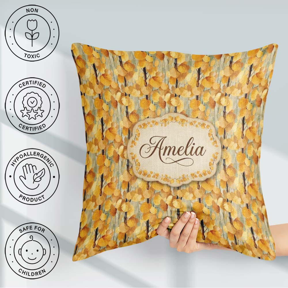 Custom Name Golden Yellow Autumn Leaves Dense Seamless Name Cute Square Filled Cushion Throw Pillow Sofa Bed Home Decor Zip Washable UK Made