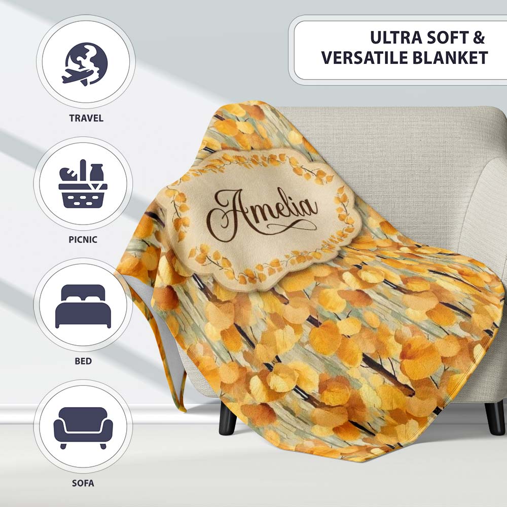 Golden Yellow Autumn Leaves Dense Seamless Pattern Name Cute Unique Personalised Custom Name Super Soft Fleece Blanket Bed Sofa Throw