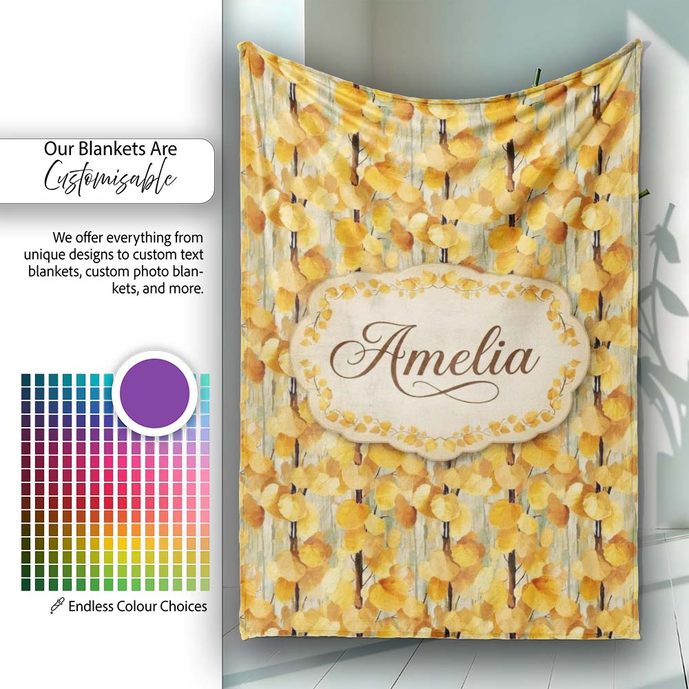 Golden Yellow Autumn Leaves Dense Seamless Pattern Name Cute Unique Personalised Custom Name Super Soft Fleece Blanket Bed Sofa Throw