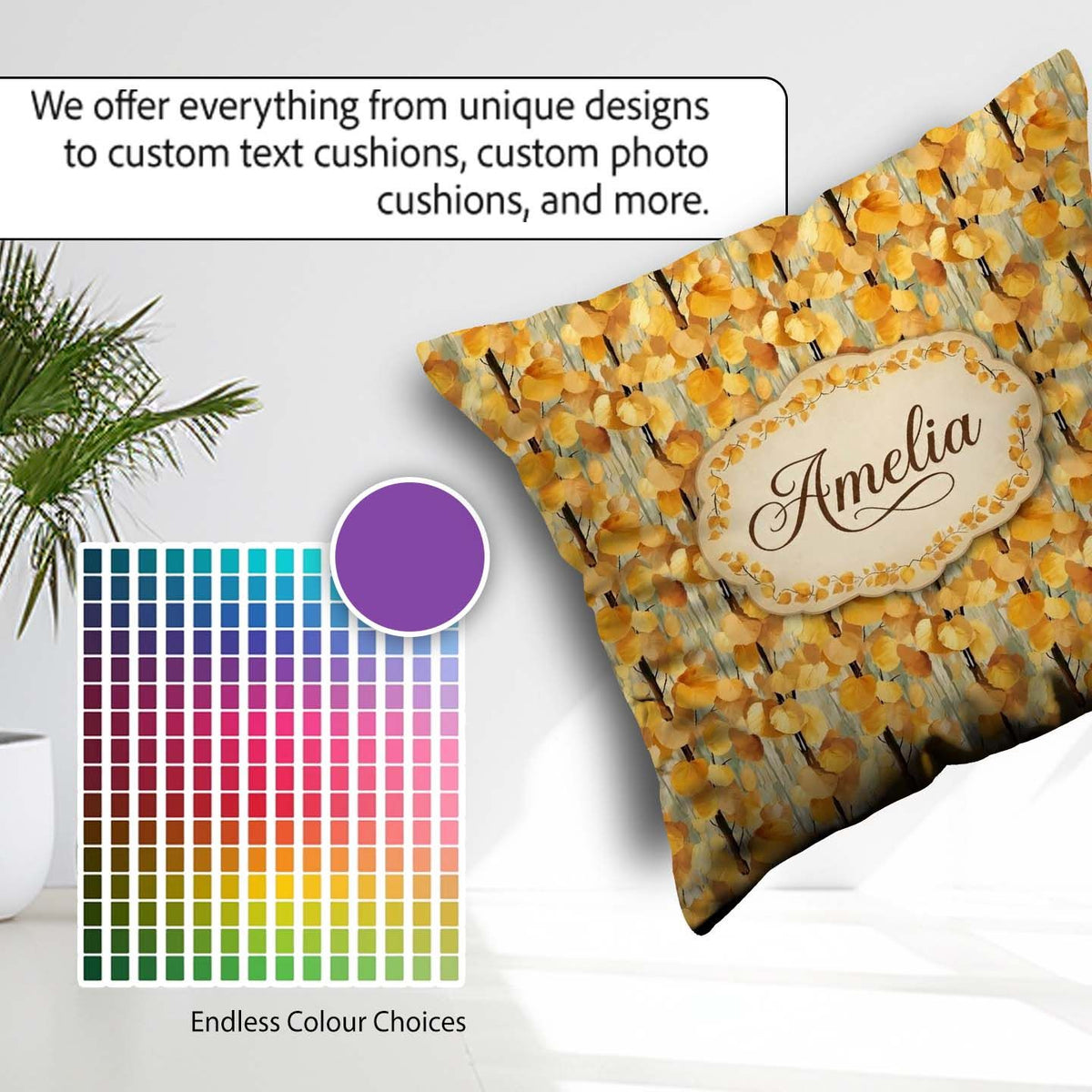 Custom Name Golden Yellow Autumn Leaves Dense Seamless Name Cute Square Filled Cushion Throw Pillow Sofa Bed Home Decor Zip Washable UK Made