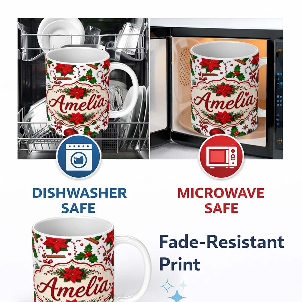 Personalized Custom Name Festive Poinsettia Holly Candy Cane Cinnamon Seamless Pattern Lovely 11oz Ceramic Coffee Tea Mug White Large Handle