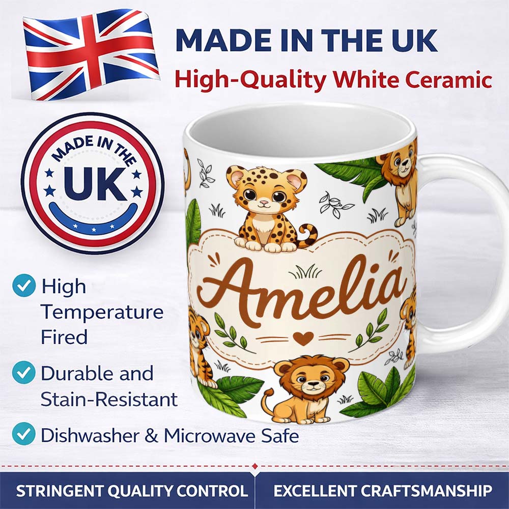 Personalized Custom Name Cute Jungle Animals Lion Tiger Leopard Tropical Leaves Light Grey 11oz Ceramic Coffee Tea Mug White Large Handle