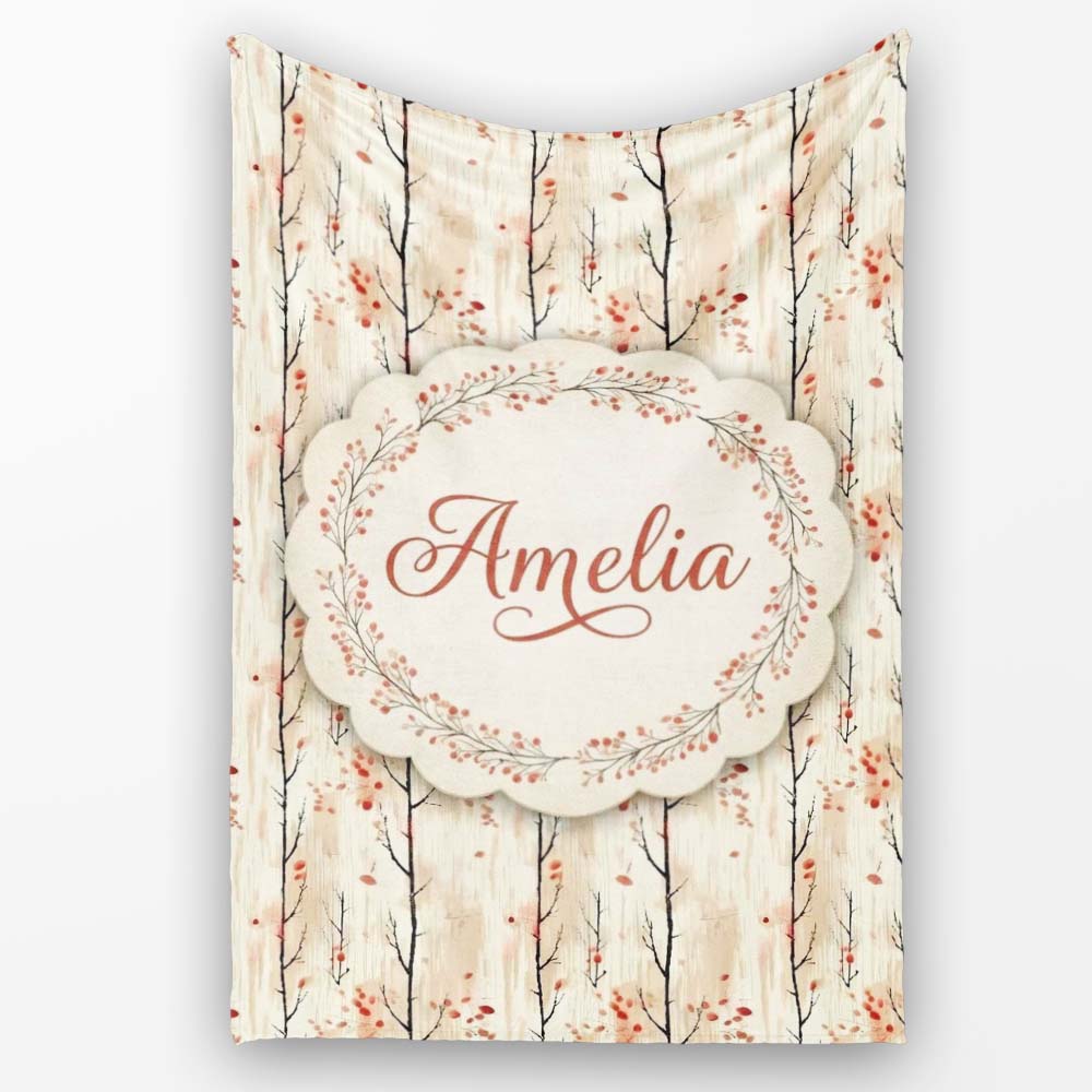 Minimal Birch Trees with Red Leaves Soft Autumn Seamless Pattern Personalised Custom Name Super Soft Fleece Blanket Bed Sofa Throw