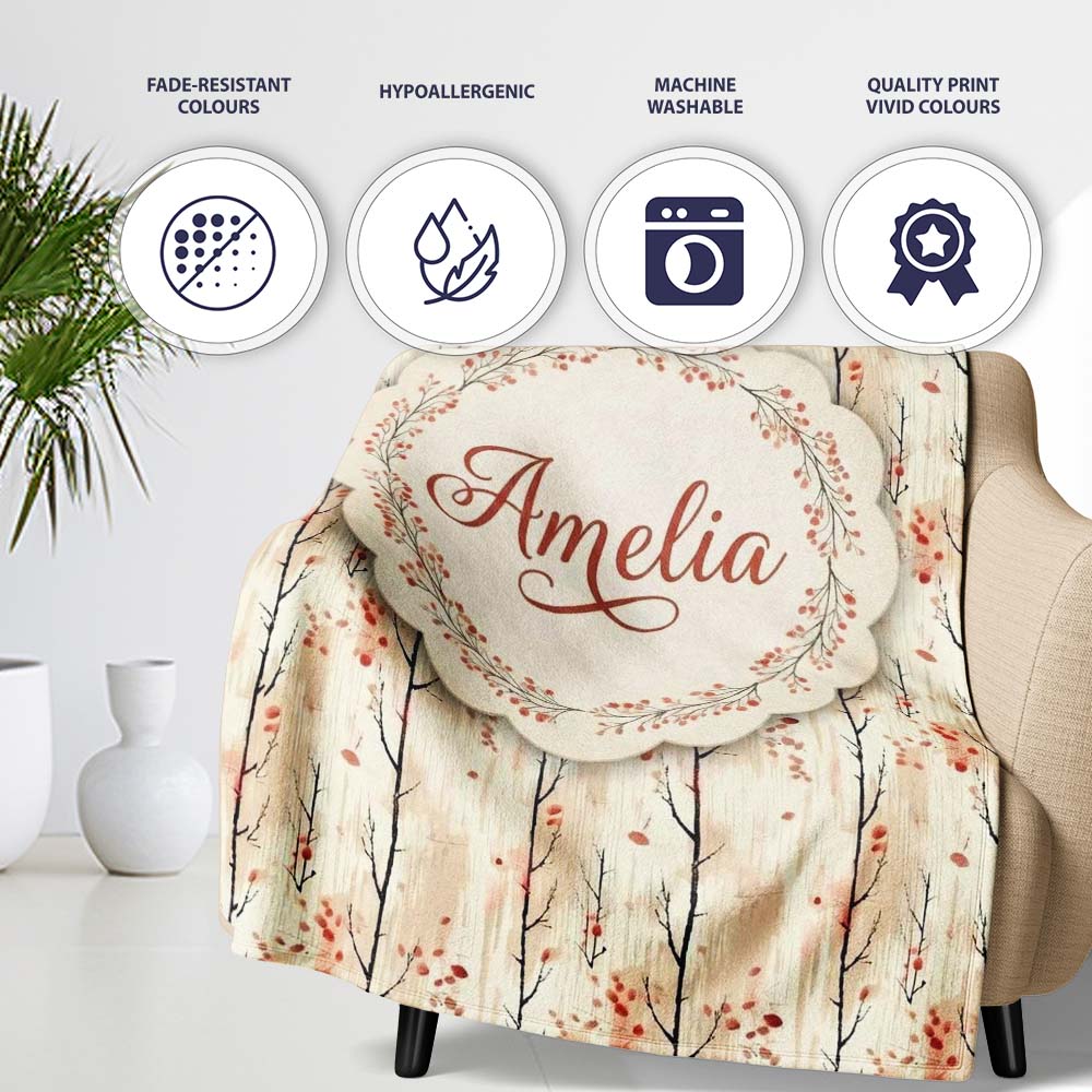 Minimal Birch Trees with Red Leaves Soft Autumn Seamless Pattern Personalised Custom Name Super Soft Fleece Blanket Bed Sofa Throw