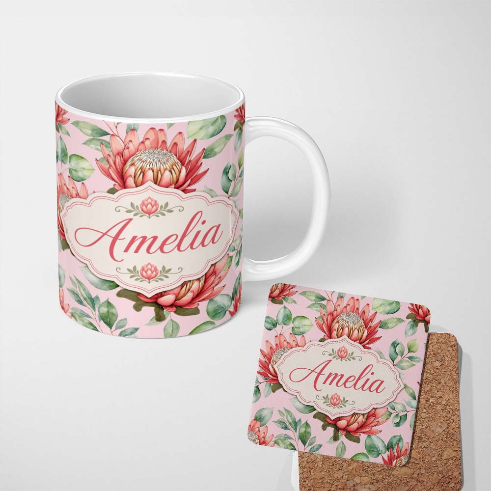 Personalized Custom Name Coral Protea Flowers on Blush Pink Background Seamless Botanical 11oz Ceramic Coffee Tea Mug White Large Handle