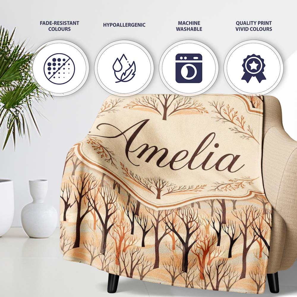 Abstract Forest Trees in Warm Earth Tones Seamless Pattern Name Cute Personalised Custom Name Super Soft Fleece Blanket Bed Sofa Throw