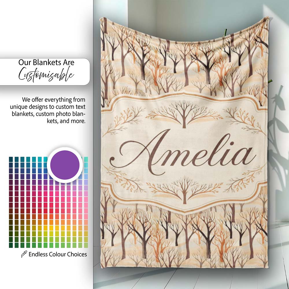 Abstract Forest Trees in Warm Earth Tones Seamless Pattern Name Cute Personalised Custom Name Super Soft Fleece Blanket Bed Sofa Throw