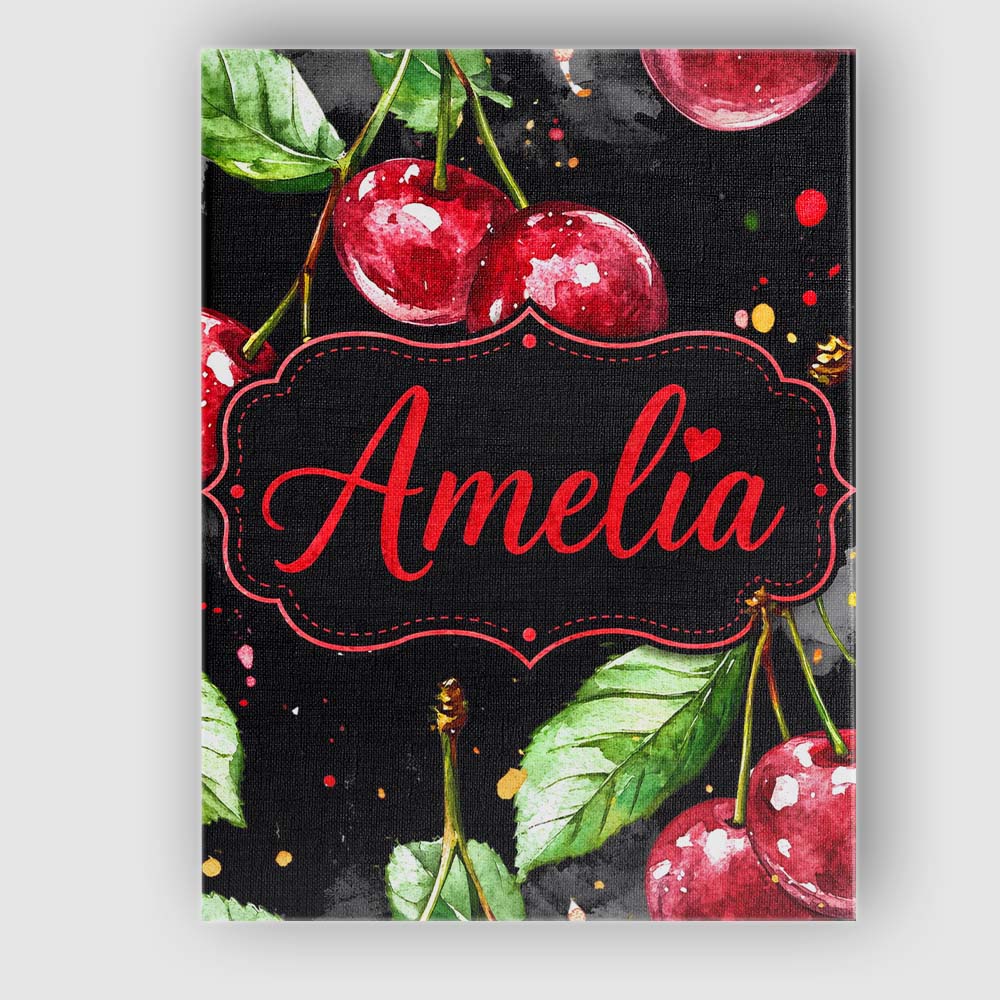 Personalised Name Watercolor Cherry Fruit Dark Artistic Splash Custom Modern Room Accent Canvas Wall Art Print Decor Picture Ready to Hang