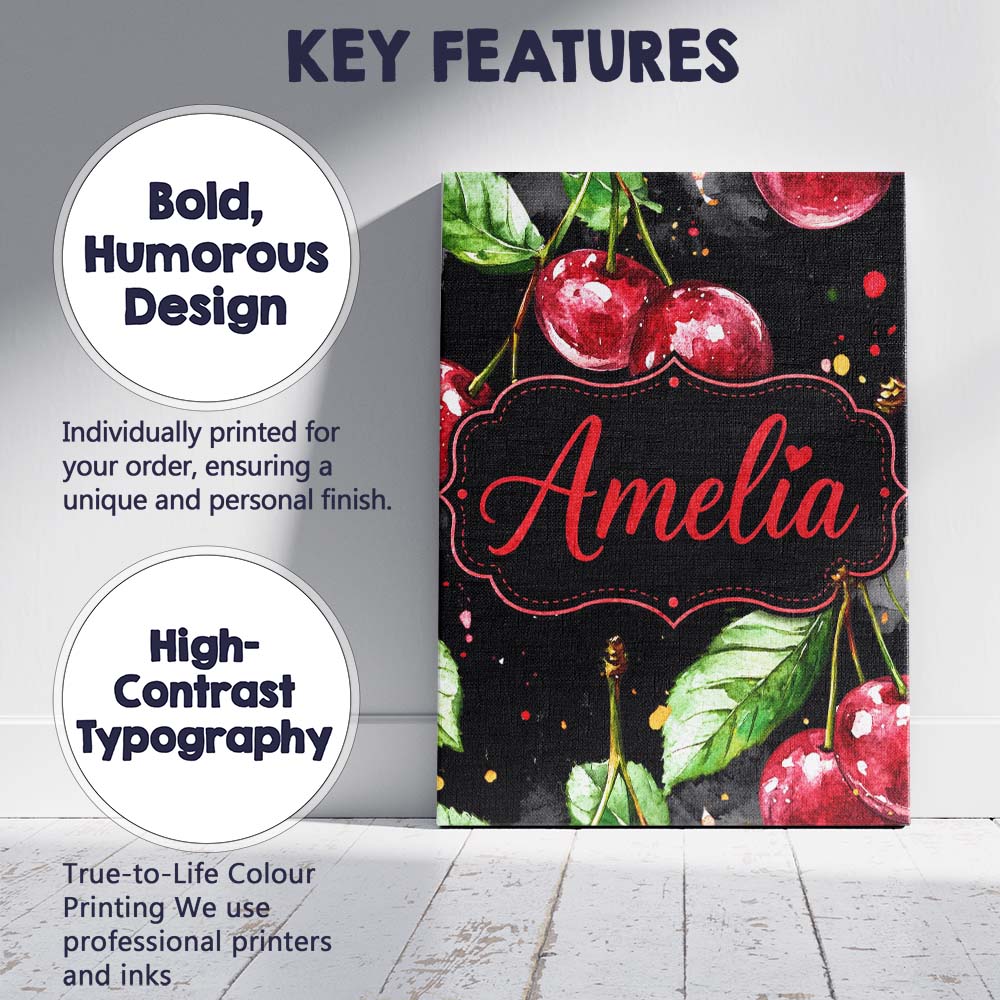 Personalised Name Watercolor Cherry Fruit Dark Artistic Splash Custom Modern Room Accent Canvas Wall Art Print Decor Picture Ready to Hang