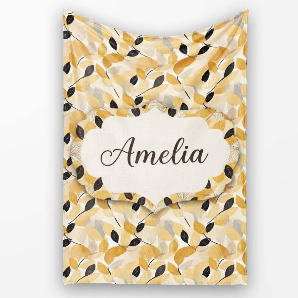 Golden and Black Leaves Elegant Botanical Seamless Pattern Name Cute Personalised Custom Name Super Soft Fleece Blanket Bed Sofa Throw