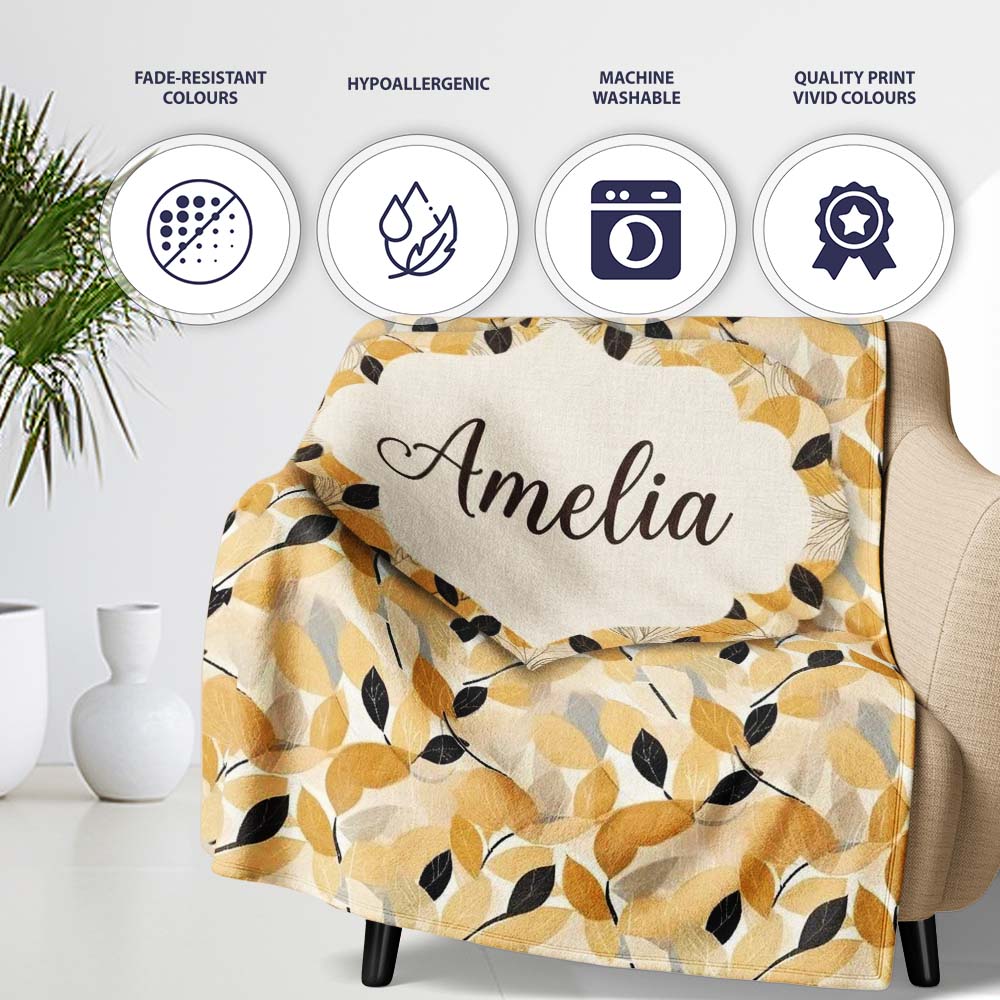Golden and Black Leaves Elegant Botanical Seamless Pattern Name Cute Personalised Custom Name Super Soft Fleece Blanket Bed Sofa Throw