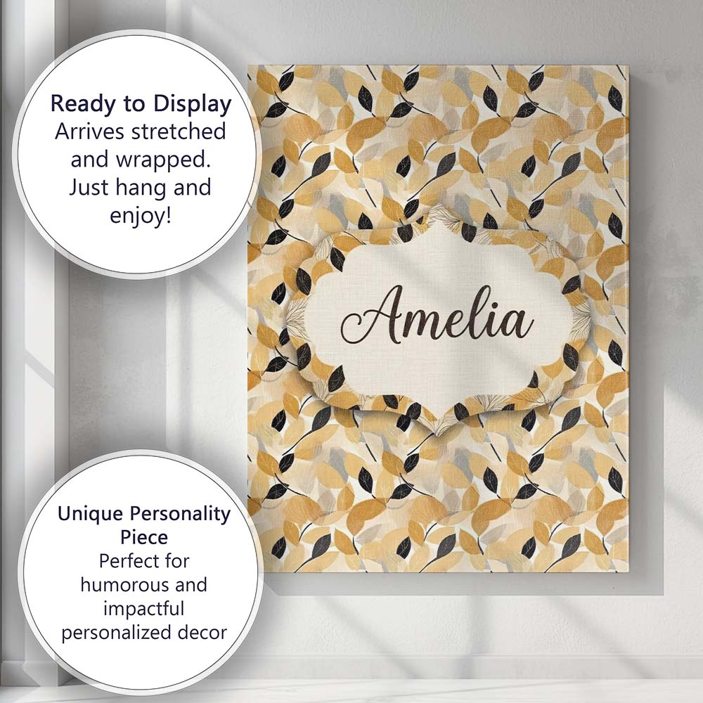Personalised Name Golden and Black Leaves Custom Unique Gift Idea Elegant Feature Canvas Wall Art Print Decor Picture Ready to Hang