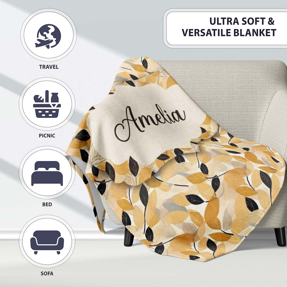 Golden and Black Leaves Elegant Botanical Seamless Pattern Name Cute Personalised Custom Name Super Soft Fleece Blanket Bed Sofa Throw
