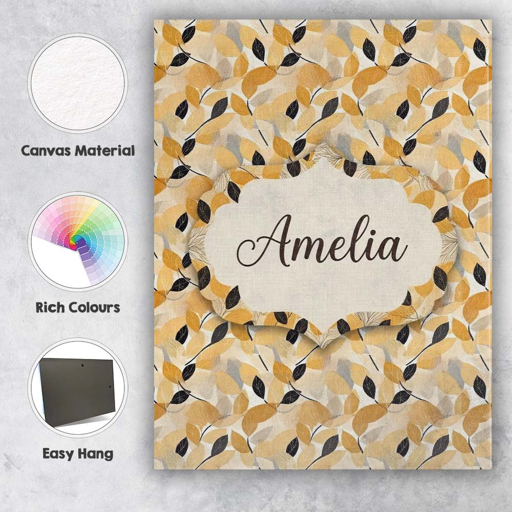 Personalised Name Golden and Black Leaves Custom Unique Gift Idea Elegant Feature Canvas Wall Art Print Decor Picture Ready to Hang