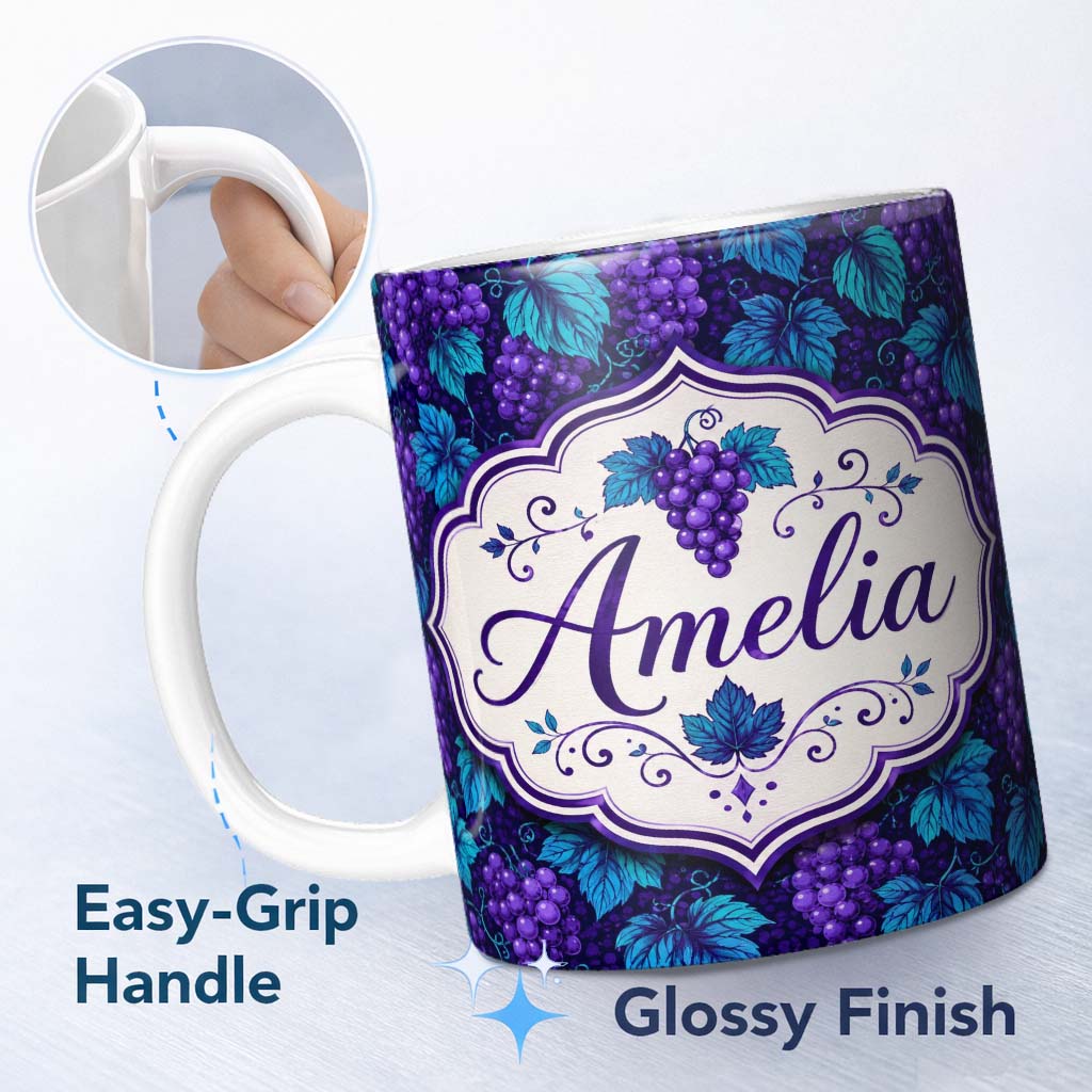 Personalized Custom Name Vintage Style Grapes Botanical Illustration Seamless Pattern Lovely 11oz Ceramic Coffee Tea Mug White Large Handle