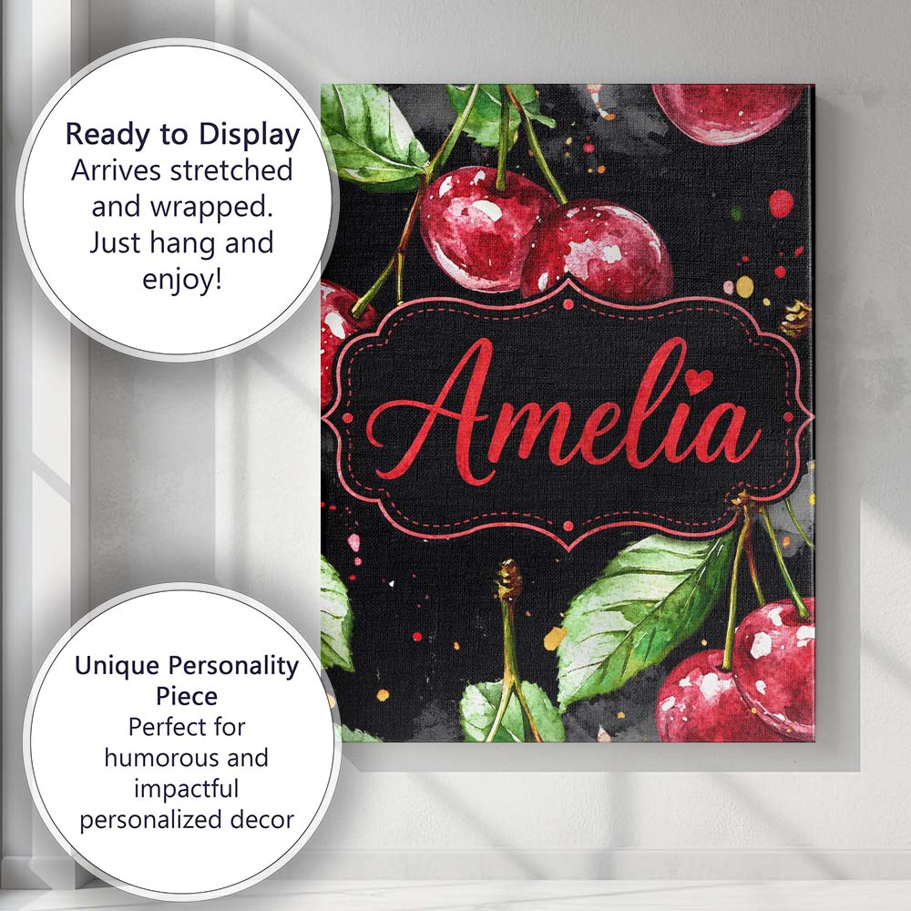 Personalised Name Watercolor Cherry Fruit Dark Artistic Splash Custom Modern Room Accent Canvas Wall Art Print Decor Picture Ready to Hang