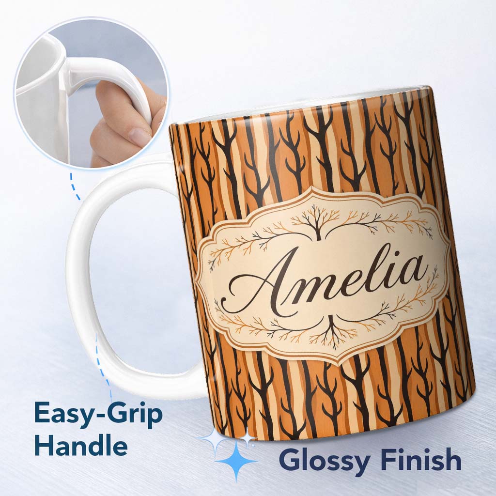 Personalized Custom Name Bold Orange Tree Trunks Minimal Forest Seamless Pattern Name Cute 11oz Ceramic Coffee Tea Mug White Large Handle