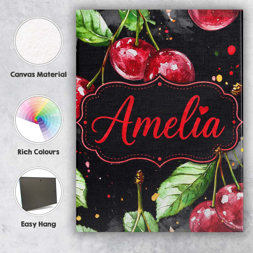 Personalised Name Watercolor Cherry Fruit Dark Artistic Splash Custom Modern Room Accent Canvas Wall Art Print Decor Picture Ready to Hang