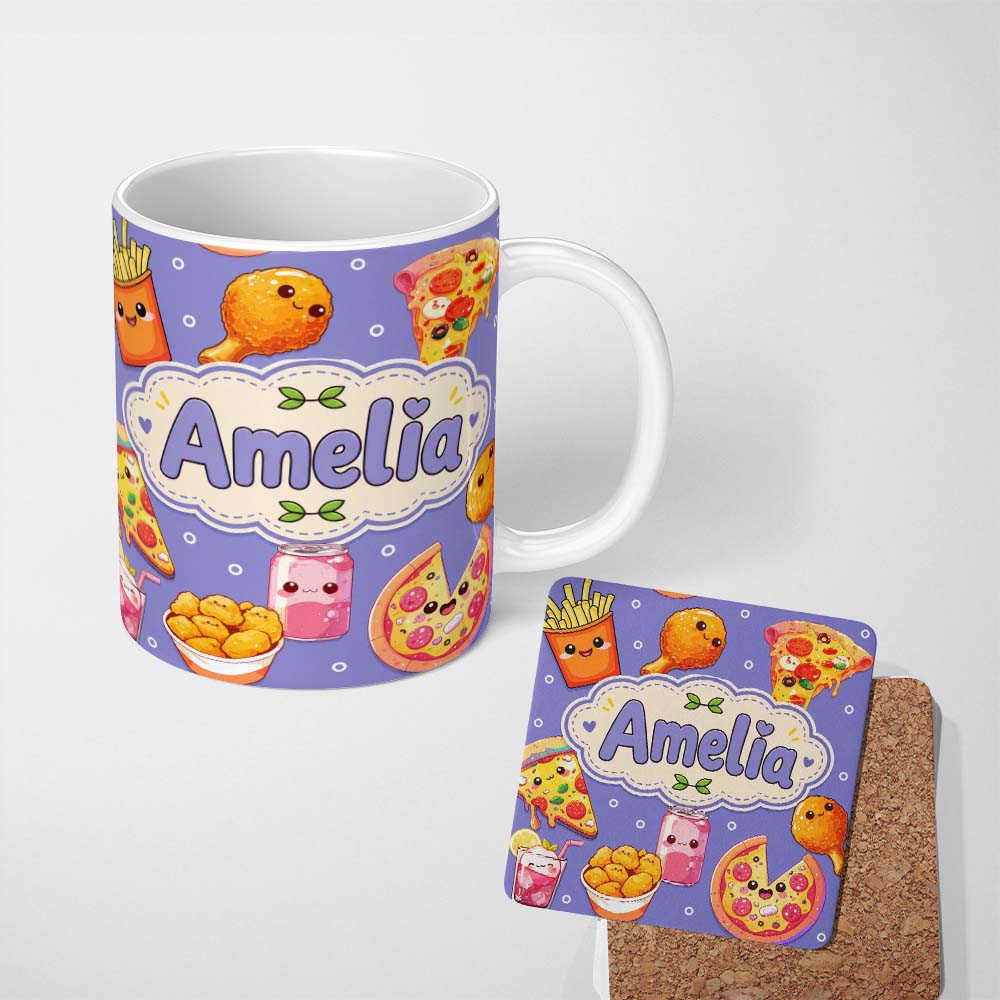 Personalized Custom Name Cute Kawaii Fast Food Pizza Chicken Soda Purple Background Seamless 11oz Ceramic Coffee Tea Mug White Large Handle