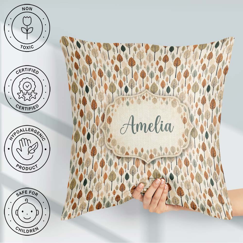 Custom Name Autumn Leaves Minimal Scandi Style Pattern Name Cute Square Filled Cushion Throw Pillow Sofa Bed Home Decor Zip Washable UK Made